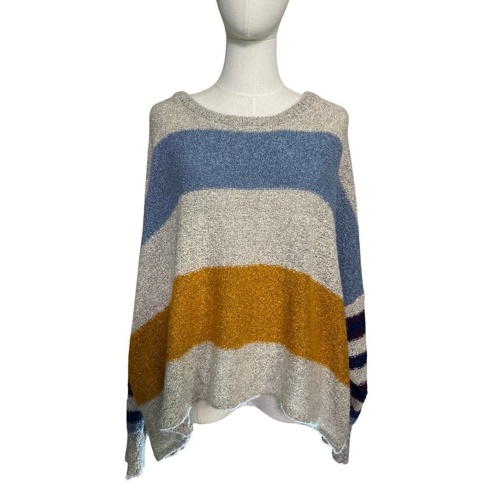 Favlux Striped Boucle Knit Sweater Gray Blue Mustard Large Cozy Soft Slouchy